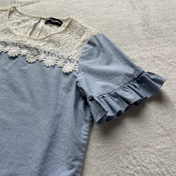 karl lagerfeld paris chambray + lace top - Picture 2 of 9